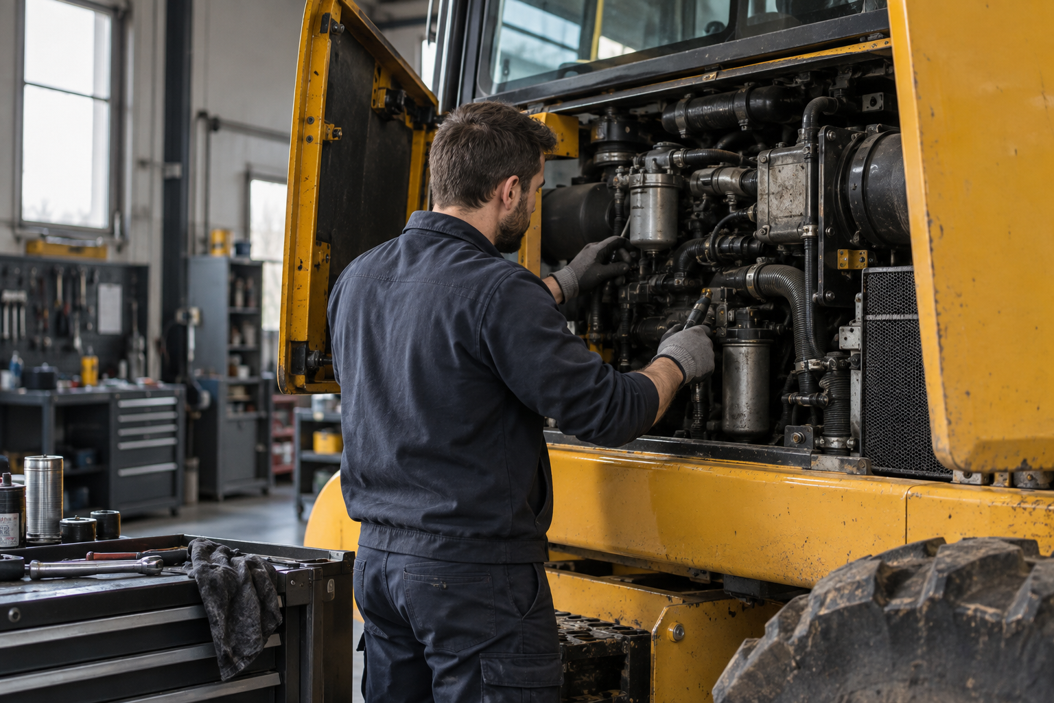 KI-Beispielbild: Mechaniker an einer Baumaschine